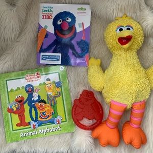 Sesame Street Bundle: Big Bird Stuffy, Elmo Teether Fidget toy, and 2 books